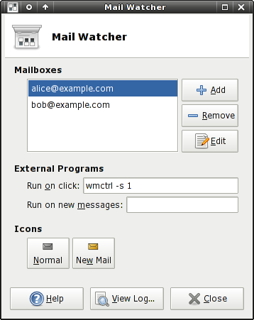 Mailwatch properties dialog